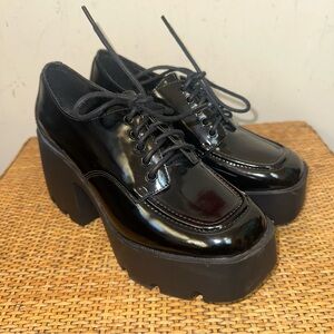 Madden Girl Womens 7 G-Brea Black Faux Leather Lace Up Platform Loafers Chunky